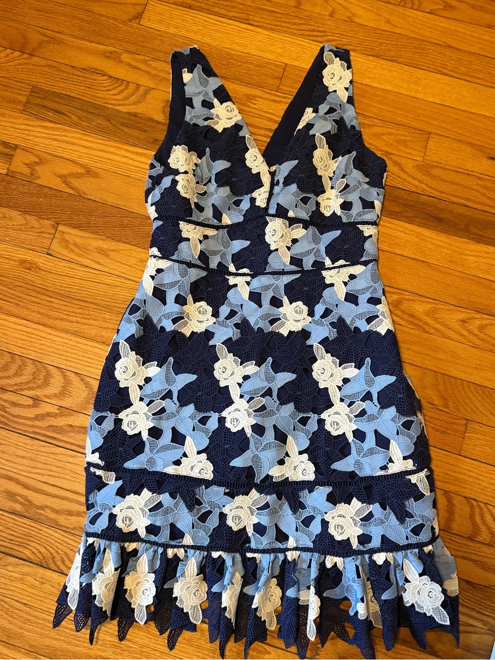 Vineyard Vines Navy Blue Floral Lace Midi Dress with Light Blue & Cream Accents
